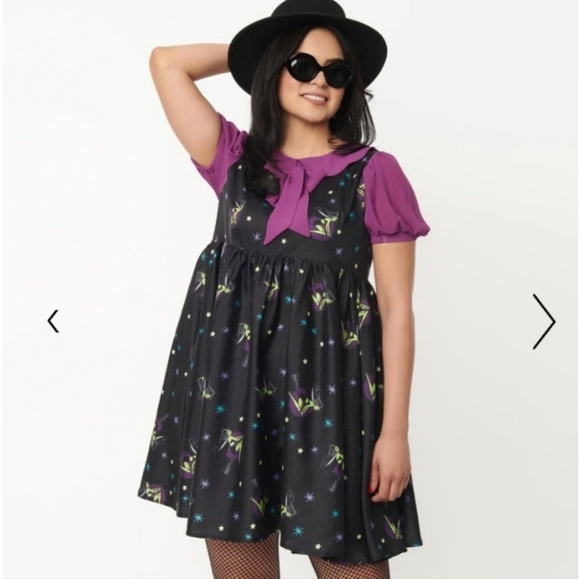 Unique Vintage Black Arden Pin Up Witch Print Babydoll Dress, Size Medium. NWT - Picture 2 of 12